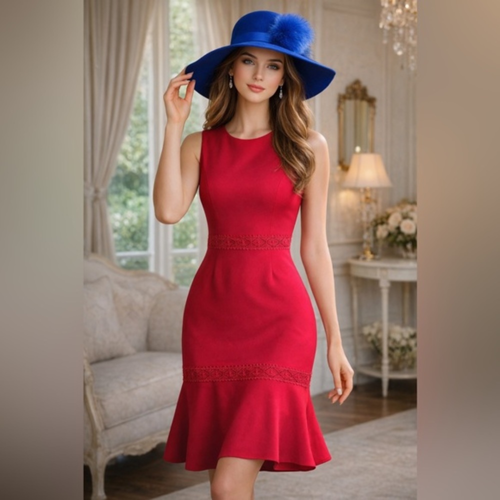 Calvin Klein Red Sleeveless Lace-Trim Midi Dress Size 4 - Picture 1 of 9